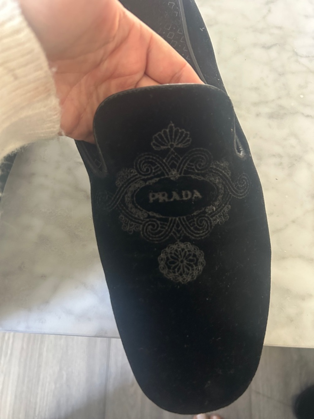 Prada Black Velvet Embroidered Slip-On Loafers Sz 9 - Picture 4 of 8